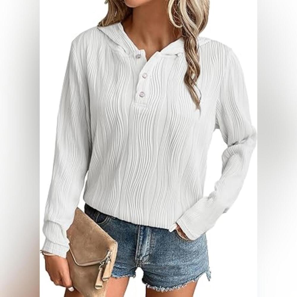 NWT Evaless Textured V Neck Lightweight Pullover Hoodie, White, Medium - Picture 1 of 4